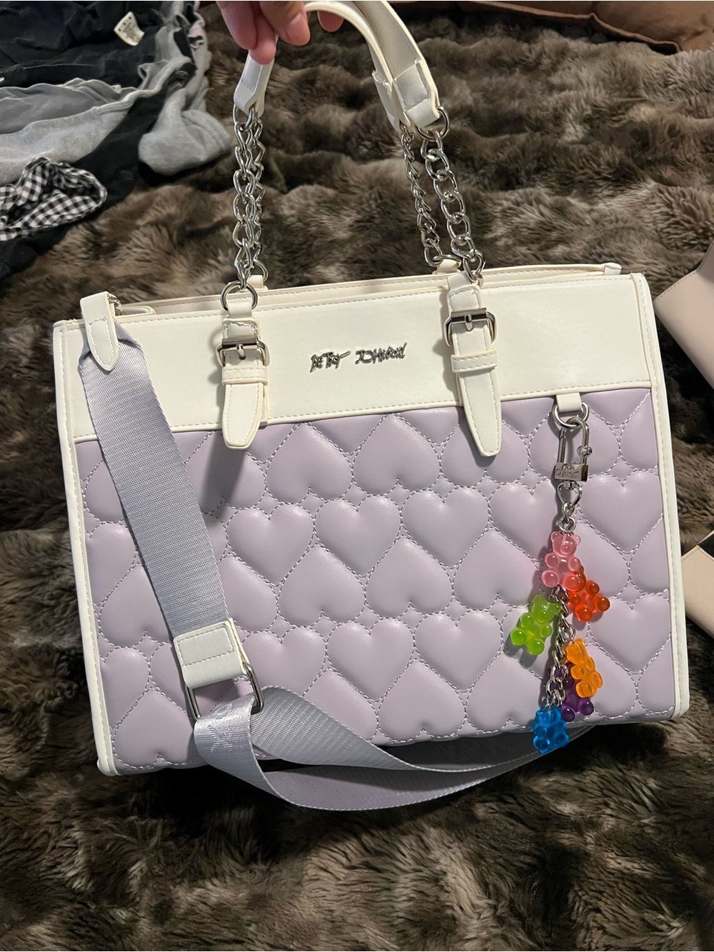 Betsey Johnson Lavender and White Quilted Heart Tote with Rainbow Charm